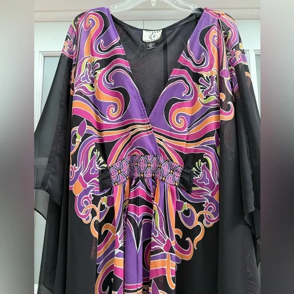 VTG I.C.E. Boho Black Dress & Kaftan Resort Evening Cover Up Set 2pc Size 18W - Picture 14 of 15